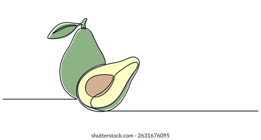 Abacate de desenho de uma única linha mínima contínua, Abacate Ícone de Linha Única, Uma metade de abacate ilustração de arte de linha de superalimento, fundo branco, Esboço e Doodle Design. vetor pro.