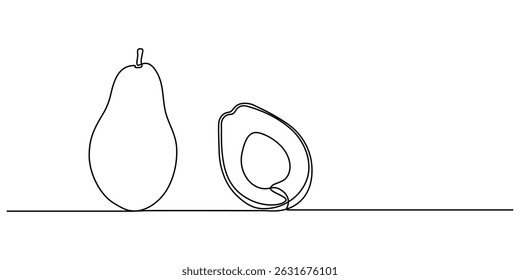 Abacate de desenho de uma única linha mínima contínua, Abacate Ícone de Linha Única, Uma metade de abacate ilustração de arte de linha de superalimento, fundo branco, Esboço e Doodle Design. vetor pro.