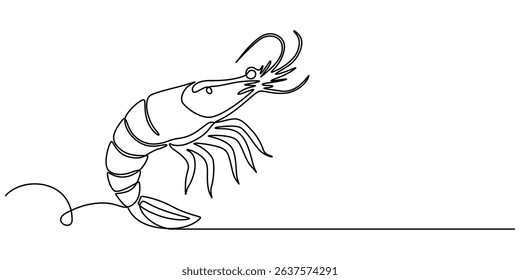 Continuous one single minimal line drawing Shrimp, Shrimp in one line drawing. Sea food illustration, Continuous Line Drawing of Sea Food Icon. Hand Drawn Symbol Vector Illustration, pro concept.