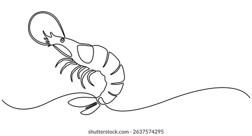 Continuous one single minimal line drawing Shrimp, Shrimp in one line drawing. Sea food illustration, Continuous Line Drawing of Sea Food Icon. Hand Drawn Symbol Vector Illustration, pro concept.
