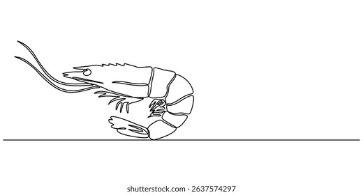 Continuous one single minimal line drawing Shrimp, Shrimp in one line drawing. Sea food illustration, Continuous Line Drawing of Sea Food Icon. Hand Drawn Symbol Vector Illustration, pro concept.