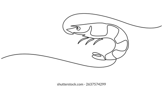 Continuous one single minimal line drawing Shrimp, Shrimp in one line drawing. Sea food illustration, Continuous Line Drawing of Sea Food Icon. Hand Drawn Symbol Vector Illustration, pro concept.