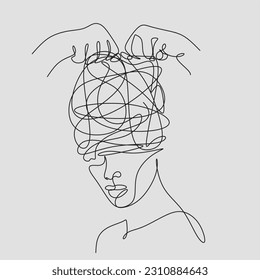 La ansiedad constante en una sola línea de arte dibuja arte de estrés que confunde a la gente por cualquier problema. Ilustración vectorial del desorden de las mujeres con garabatos redondos en lugar de la cabeza. Psicoterapia mental 