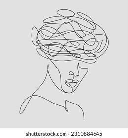 Continuous one-line art anxiety drawing art of stress confusing people because any problem. Vector illustration of woman mess feeling with round scribbles instead of a head. Mindfulness psychotherapy 