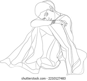 continuous one-line art colouring women Indian traditional illustration