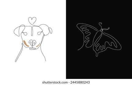 Continuous one-line art design vector illustration. Minimalistic bunny butterfly and cute dog or pet drawing logo