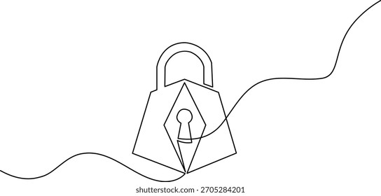 Dibujo de arte continuo de una línea de un candado geométrico con un ojo de cerradura complejo. Elemento gráfico minimalista de Vector negro para seguridad y privacidad de datos.