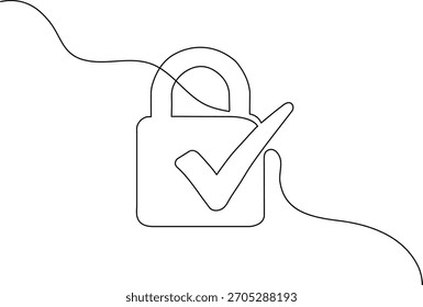 Fortlaufende einzeilige Zeichnung eines Vorhängeschlosses mit einem Häkchen. Minimalistisches schwarzes Vektorgrafik-Element für Erfolg, Bestätigung und sichere Daten.