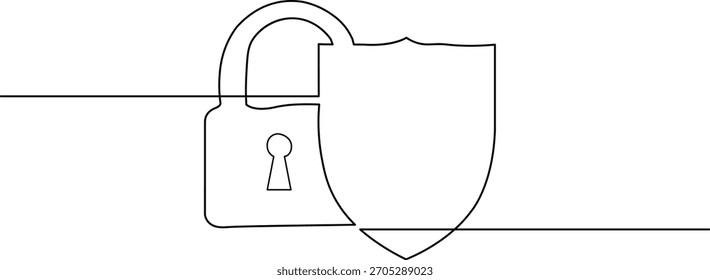 Kontinuierliche einzeilige Zeichnung eines Vorhängeschlosses und eines Schildsymbols. Minimalistisches schwarzes Vektorgrafik-Element für Datenschutz, Sicherheit und Systemsicherheit.