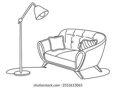 Continuous One-Line Art of a Sofa with a Lamp Illustration