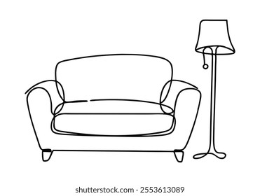 Continuous One-Line Art of a Sofa with a Lamp Illustration