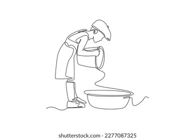 Continuous one-line drawing of a 70s-style boy pouring water. 70s style concept single line draws design graphic vector illustration
