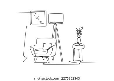 Continuous one-line drawing of aesthetic living room with sofa, lamp, and plants. Living room concept single line draw design graphic vector illustration