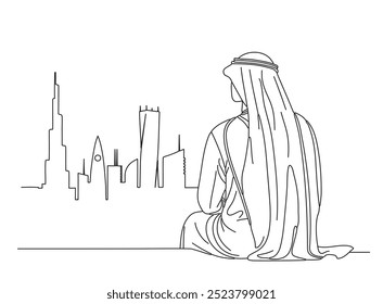 Dibujo continuo de una línea para un hombre árabe en túnica sentado frente al horizonte de los Emiratos Árabes Unidos en diseño editable de trazo de Dubai