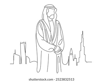 Continuous one-line drawing of arab man in a thobe in front of the united arab emirates skyline in Dubai editable stroke design 