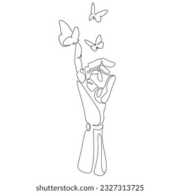 Continuous one-line drawing Artificial Intelligence. The bionic robotic hand touches flying butterflies Line art drawing for logo, emblem, print, poster template, vector illustration. 