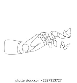 Continuous one-line drawing Artificial Intelligence. The bionic robotic hand touches flying butterflies Line art drawing for logo, emblem, print, poster template, vector illustration. 