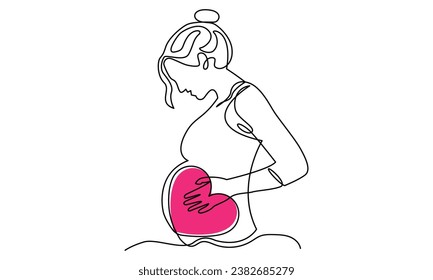 Continuous one-line drawing of a Beautiful Pregnant Woman with heart icon.Happy Pregnant Woman hand-drawn line art vector concept of Happy mother, woman, pregnancy Vector illustration.