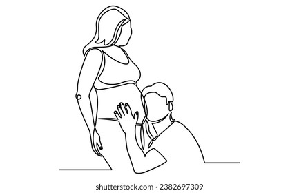 Continuous one-line drawing of a Beautiful Pregnant Woman. husband down and listening to his pregnant wife's belly, line art vector concept of Happy mother, woman, pregnancy Vector illustration.
