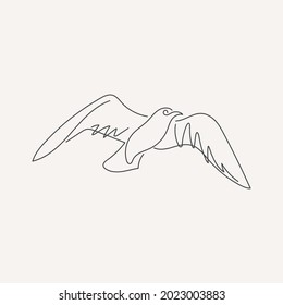 Continuous one-line drawing of a bird. Linear image of a flying bird. Black and white vector illustration on a light isolated background.