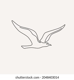 Continuous one-line drawing of a bird. Linear image of a flying bird. Black and white vector illustration on a light isolated background.