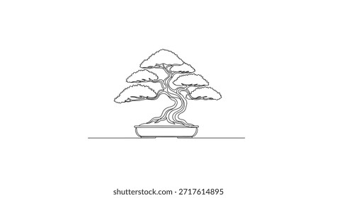 Um desenho contínuo de uma linha de uma árvore de bonsai, capturando a essência da arte japonesa e a tranquilidade de um jardim zen. Esta arte de linha minimalista ilustra lindamente o cultivo e