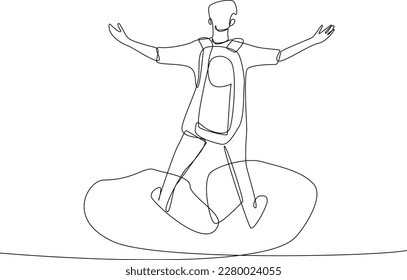 Continuous one-line drawing boy enjoying the view on top of the cliff. Experiential in traveler concept. Single line drawing design graphic vector illustration
