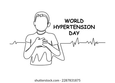 Un niño de una línea contínuo sostiene dolor en el pecho. Concepto del día mundial de la hipertensión diseño de líneas simples ilustración vectorial