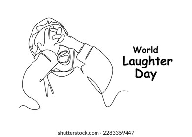 Continuous one-line drawing boy laughing loudly covering his eyes with a hand. World laughing day concept single line draws design graphic vector illustration