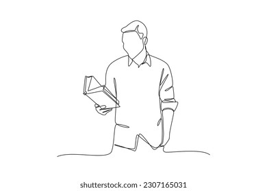 Continuous one-line drawing boy standing reading a book. Book concept. Single line drawing design graphic vector illustration
