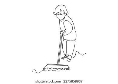 Continuous one-line drawing boy sweeping in the kitchen. Kitchen activity concept. Single line draw design graphic vector illustration