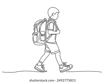 Kontinuierliche einzeilige Zeichnung eines Jungen, der mit einem Rucksack geht, ein Schulkind, das zurück zur Schule geht Idee Grußkarte Illustration