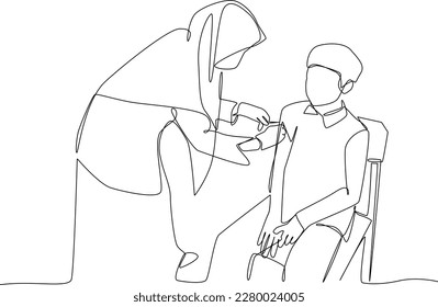 Continuous one-line drawing boys are being immunized. Healthcare in school and office concept single line drawing design graphic vector illustration