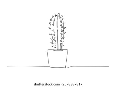 Continuous One-Line Drawing of a Cactus in a Pot - Minimalist Nature Art