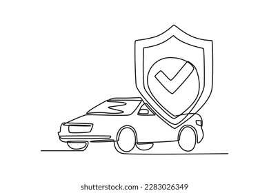 Continuous one-line drawing the car has insurance. Insurance concept single line draws design graphic vector illustration