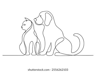 Continuous One-Line Drawing of Cat and Dog - Minimalist Pet Companionship Art
