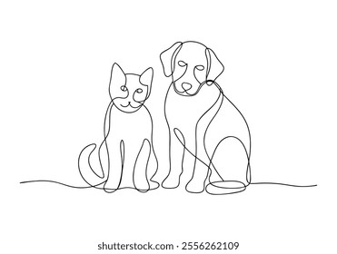 Continuous One-Line Drawing of Cat and Dog - Minimalist Pet Companionship Art