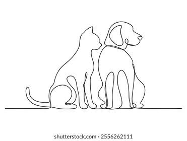 Continuous One-Line Drawing of Cat and Dog - Minimalist Pet Companionship Art