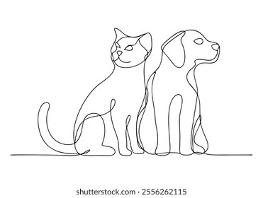 Continuous One-Line Drawing of Cat and Dog - Minimalist Pet Companionship Art