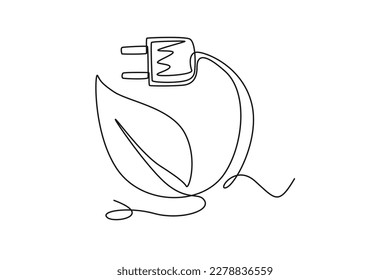 Continuous one-line drawing charger electric car and eco symbol. Electric car concept single line draws design graphic vector illustration