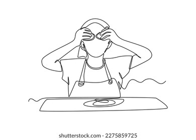 Continuous one-line drawing child plays with cookie dough. Kitchen activity concept Single line draw design graphic vector illustration
