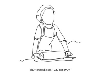 Continuous one-line drawing a child rolls the dough. Kitchen activity concept Single line draw design graphic vector illustration