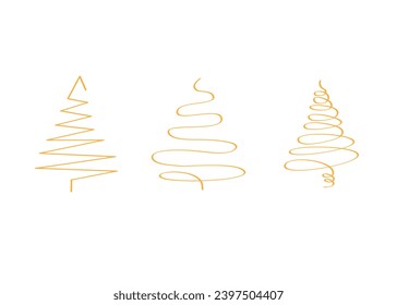 Continuous one-line drawing of Christmas tree Collection. Wavy Line Fir Trees. Design elements for New Year or Christmas templates.