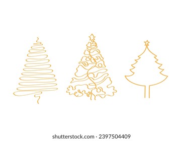 Continuous one-line drawing of Christmas tree Collection. Wavy Line Fir Trees. Design elements for New Year or Christmas templates.