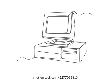 Continuous one-line drawing classic 70s computer. 70s style concept single line draws design graphic vector illustration
