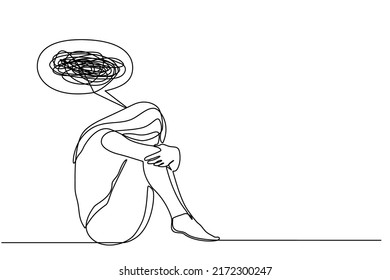 Continuous one-line drawing of a confused woman worried about mental health. Problems, failure, stress, sadness, heartbreak and depression concept in doodle style on transparent background.