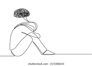 Continuous one-line drawing of a confused woman worried about mental health. Problems, failure, stress, sadness, heartbreak and depression concept in doodle style on transparent background.