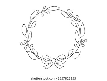Continuous One-Line Drawing of a Decorated Wreath - Minimalist Festive Design