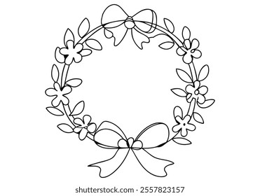 Continuous One-Line Drawing of a Decorated Wreath - Minimalist Festive Design