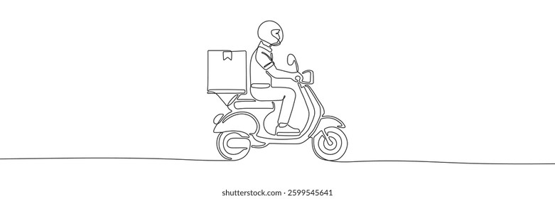 Continuous one-line drawing of a delivery person riding a scooter with a package, representing fast shipping, courier services, and logistics